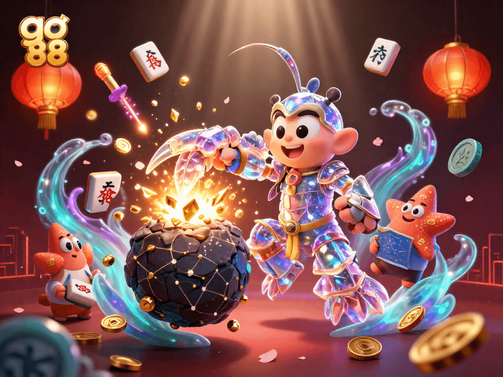 Experience the excitement of go 88 with this dynamic 3D casino scene filled with vibrant gambling elements.