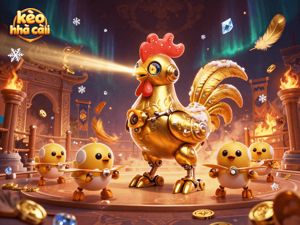Engage in thrilling gambling fun with kèo nhà cái, showcasing a golden rooster robot in an epic arena.