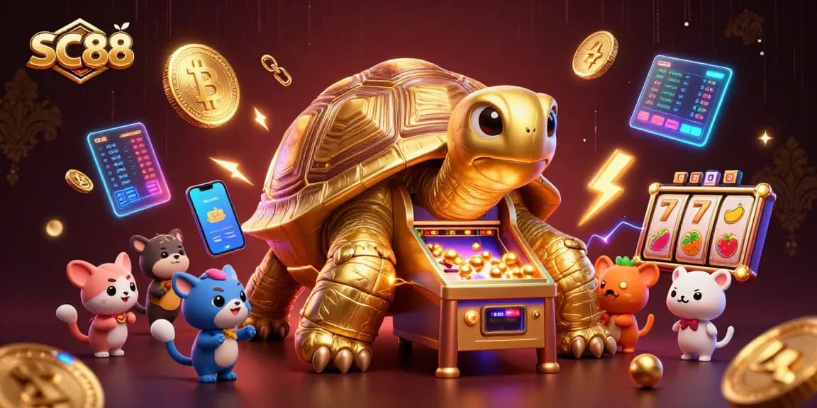 Experience excitement at SC88 with a 3D illustration featuring golden tortoise, slot reels, and crypto coins.