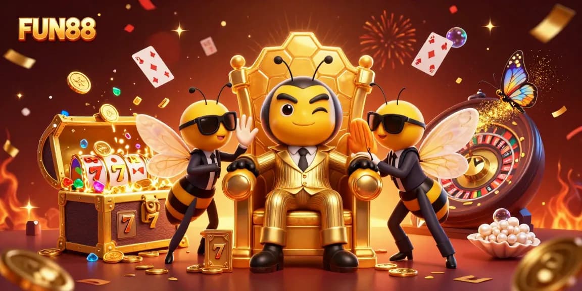 Watch FUN88 come alive in a vibrant casino scene featuring the bumblebee mob boss and a treasure explosion!