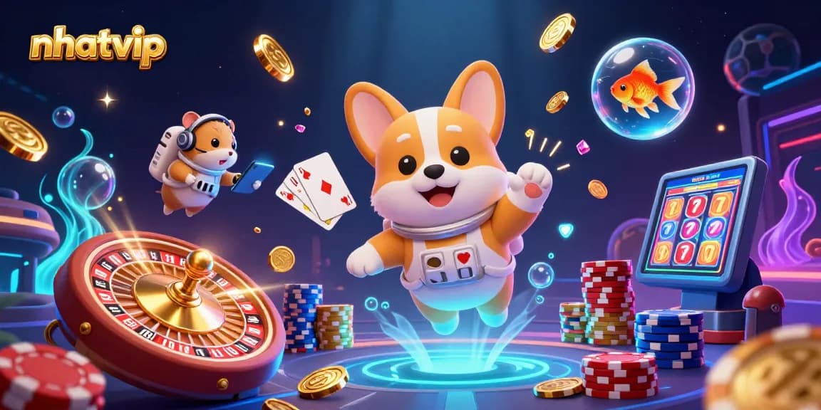Simulate winning moments at Nhatvip with vibrant 3D casino illustration featuring playful characters and dynamic game elements.