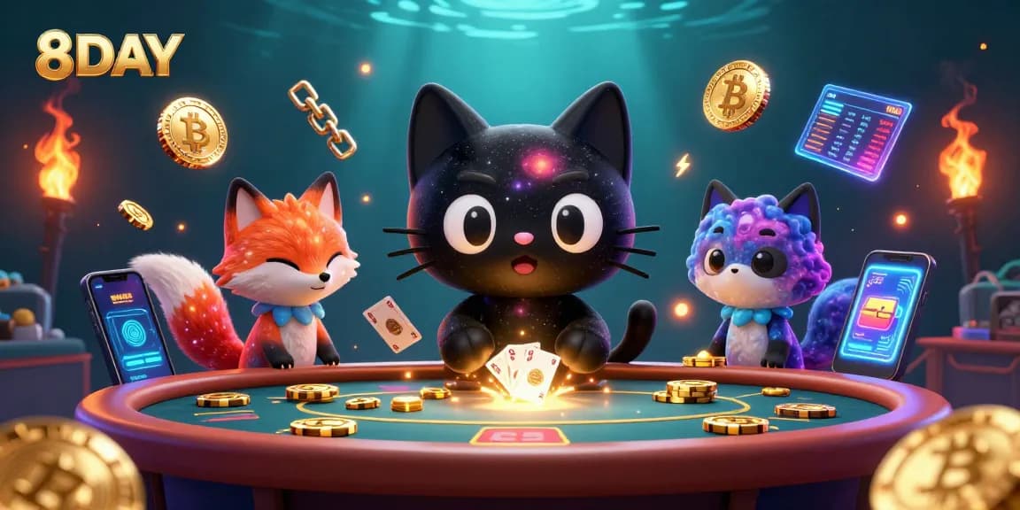 Experience fun and excitement at 8DAY, where a cosmic black hole cat and colorful fox engage in a thrilling casino scene.