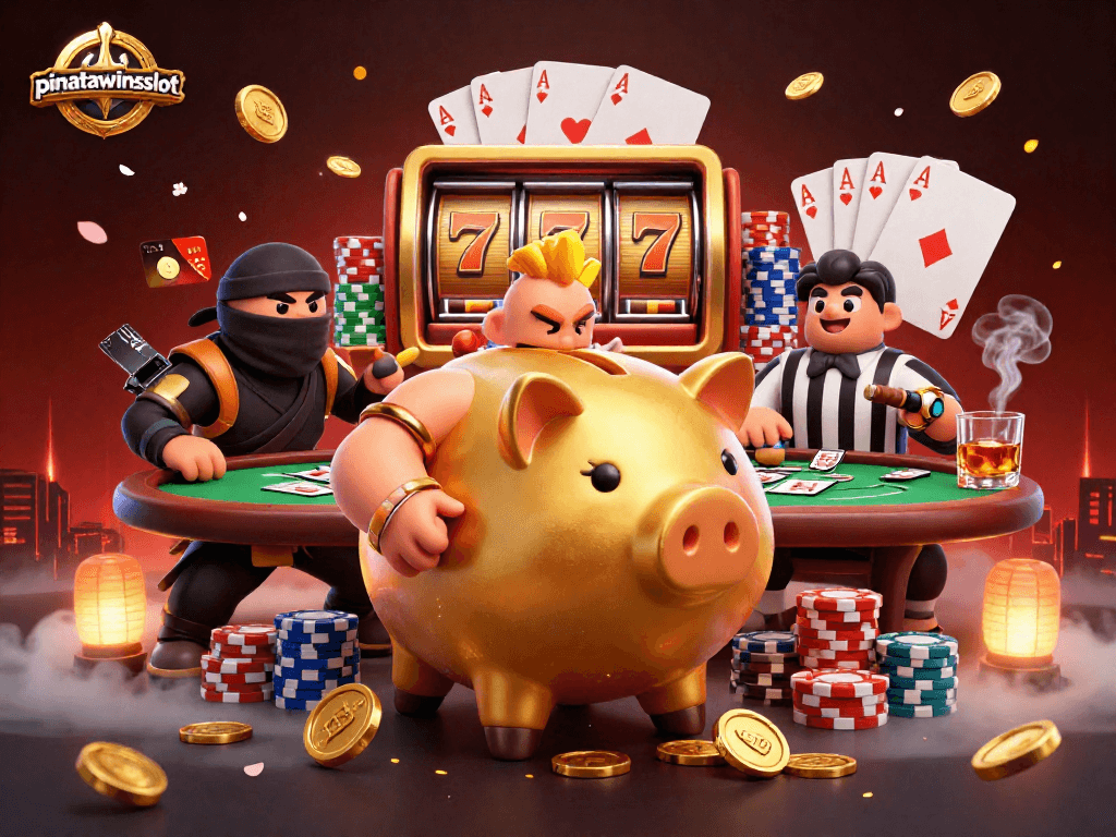 Experience the excitement of pinatawinsslot with vibrant slot reels, golden coins, and dynamic characters.