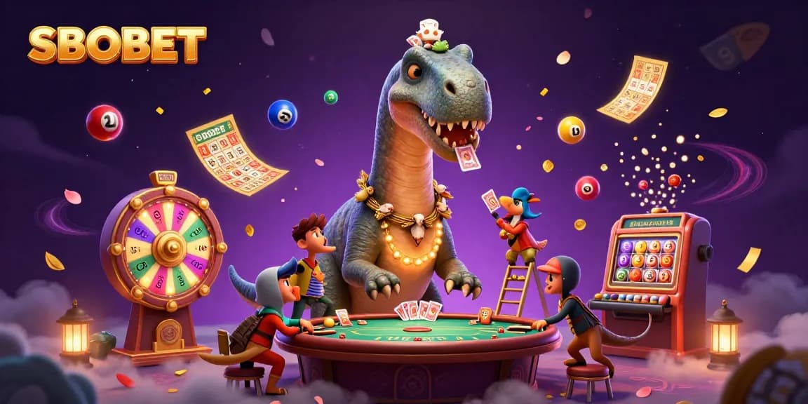 SBOBET engages players in an exciting casino world featuring a giant brontosaurus, colorful lottery balls, and a raptor dealer.