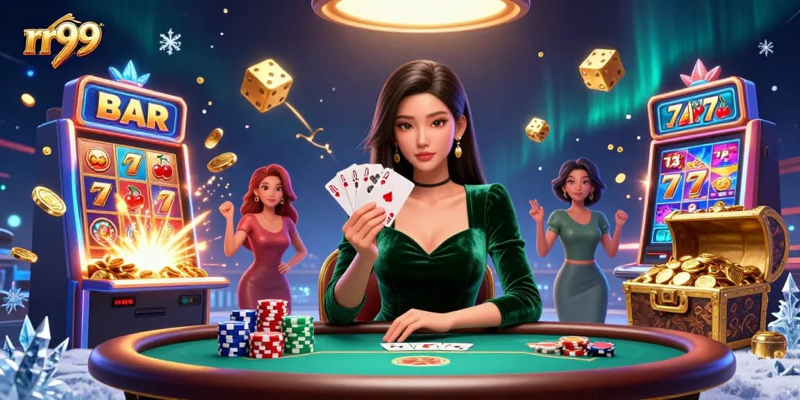 Experience rr99 casino action with a stunning Asian woman playing poker surrounded by thrilling game elements.