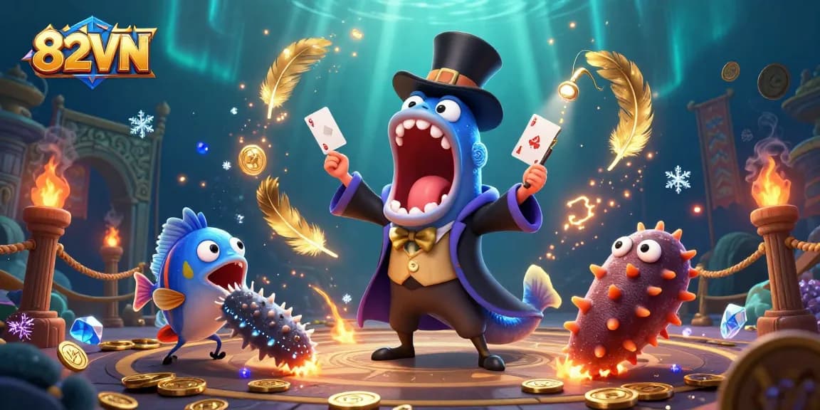 Engage with 82VN's exciting gambling adventures featuring animated sea creatures in a captivating underwater scene.
