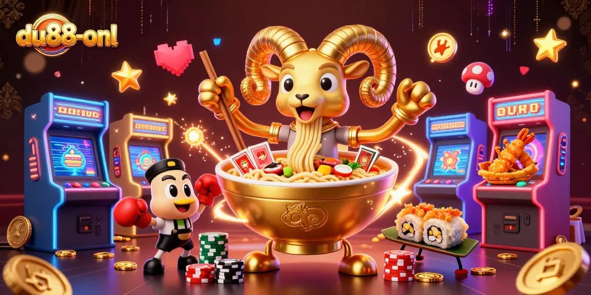 Engage with du88-onl's vibrant casino scene featuring a golden ramen bowl dealer and colorful arcade machines.