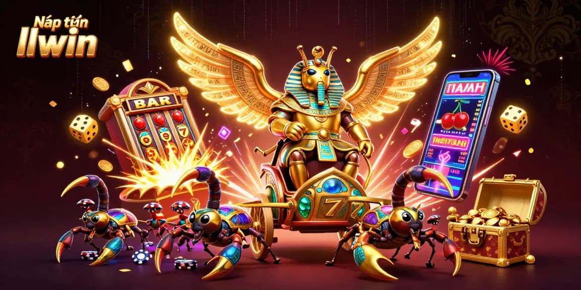 Experience the thrill with Nạp tiền llwin as a golden scarab beetle dominates a vibrant casino scene.