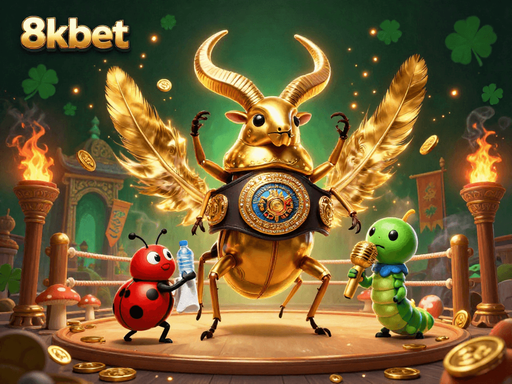 Watch the 8kbet giant stag beetle champion in a vibrant fighting arena with gold coins.