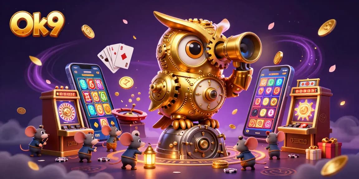 Explore exciting games at Ok9 featuring a golden clockwork owl, vibrant slots, and more!