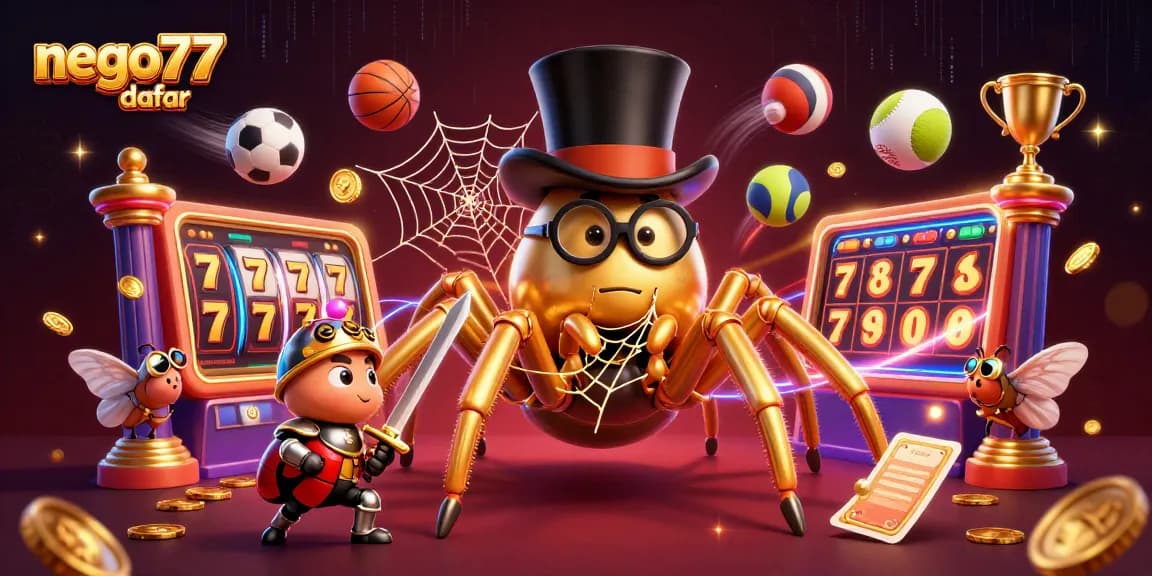 Engage with the exciting world of nego77 daftar, featuring a golden tarantula and beetle knight in a thrilling casino setting.