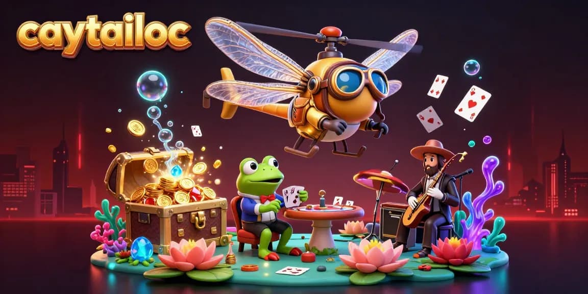 Experience the thrill of caytailoc as a frog croupier deals cards at a vibrant lily pad casino.