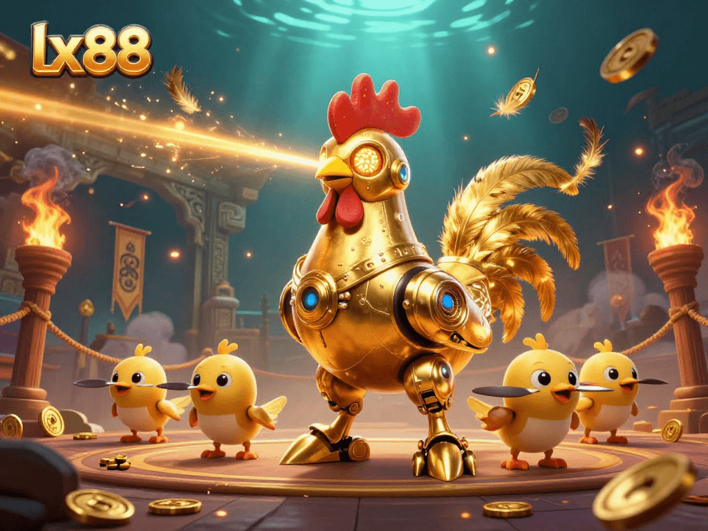 lx88 displays dynamic betting action with a futuristic golden rooster and baby chick drones.