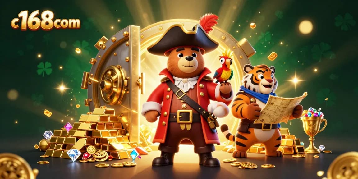 Win big at c168com with treasure-themed 3D casino illustration featuring dynamic gaming elements.