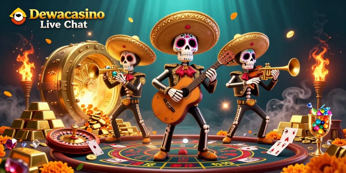 Dewacasino Live Chat: Engage with our vibrant casino experience featuring a colorful mariachi band amidst a luxurious gambling theme.