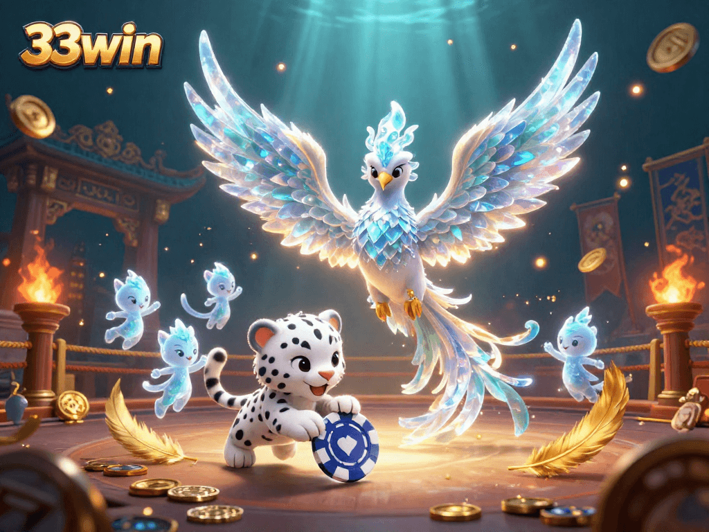 Engage with the thrilling 33win casino experience featuring an ice phoenix and vibrant casino elements.