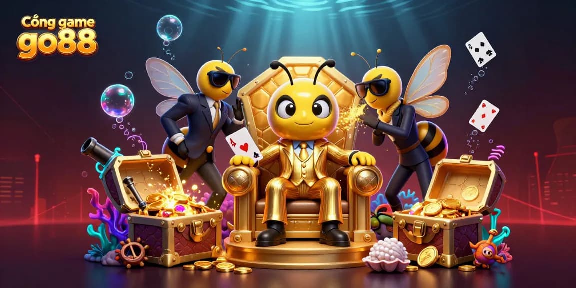 Cổng game go88 features a dynamic 3D scene with a bumblebee boss, wasp bodyguards, and gambling elements.
