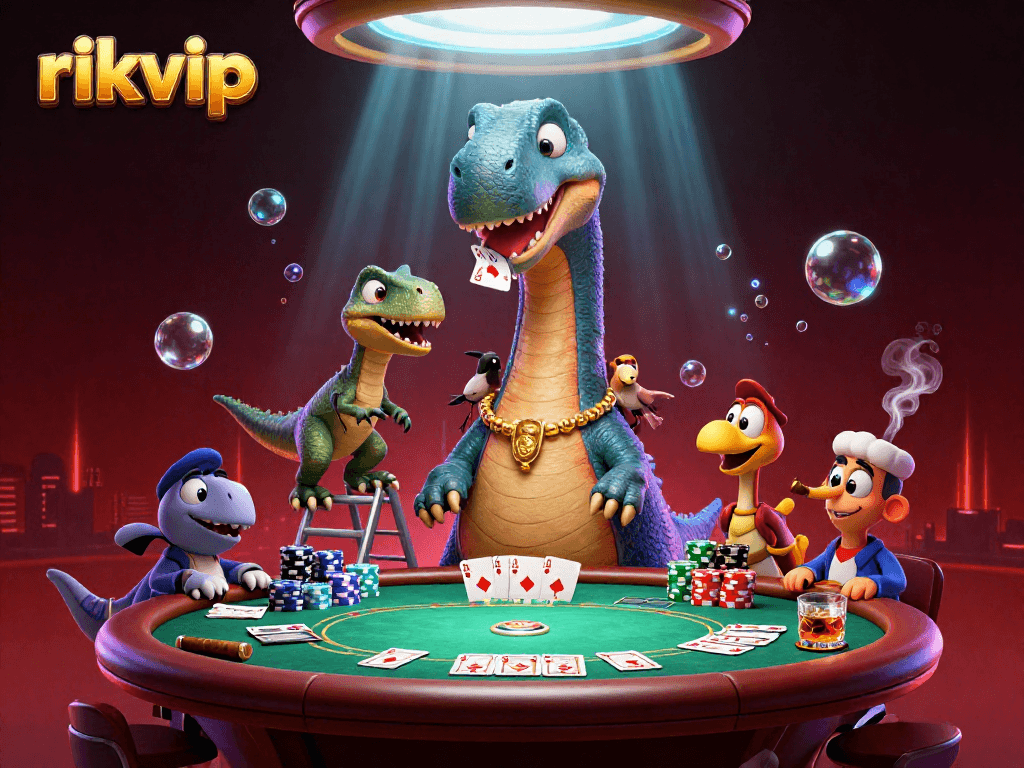 rikvip themed illustration showcasing a brontosaurus and raptor in a vibrant casino card game setting