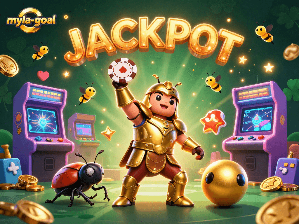 Experience the myla-goal excitement with this victorious beetle illustration amidst captivating casino elements.