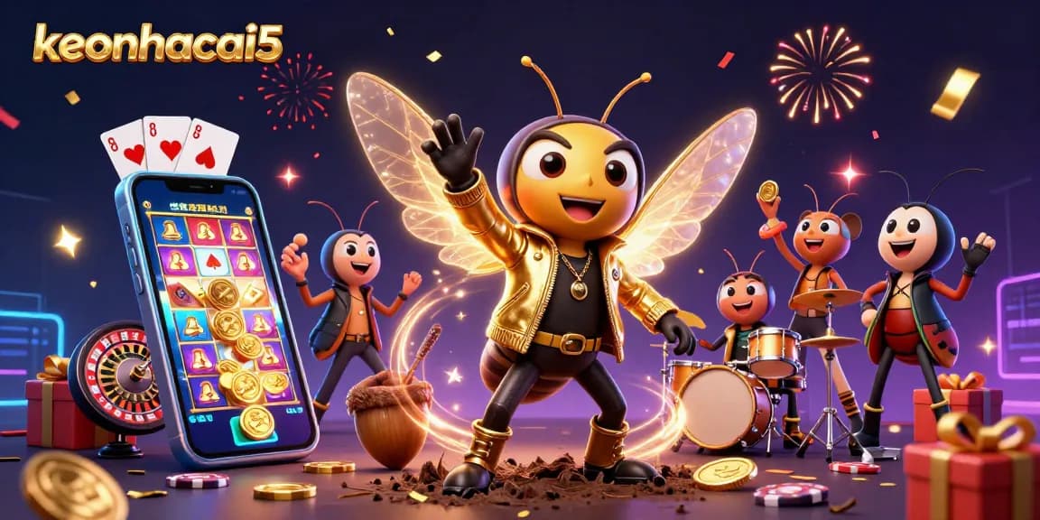 Experience excitement with keonhacai5 as a rock star and friends celebrate wins amidst vibrant casino themes.
