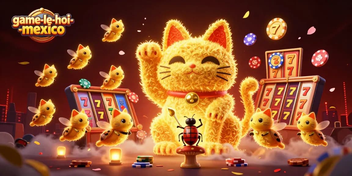 Engage in the vibrant game-le-hoi-mexico experience with dynamic slot reels and a lucky cat.