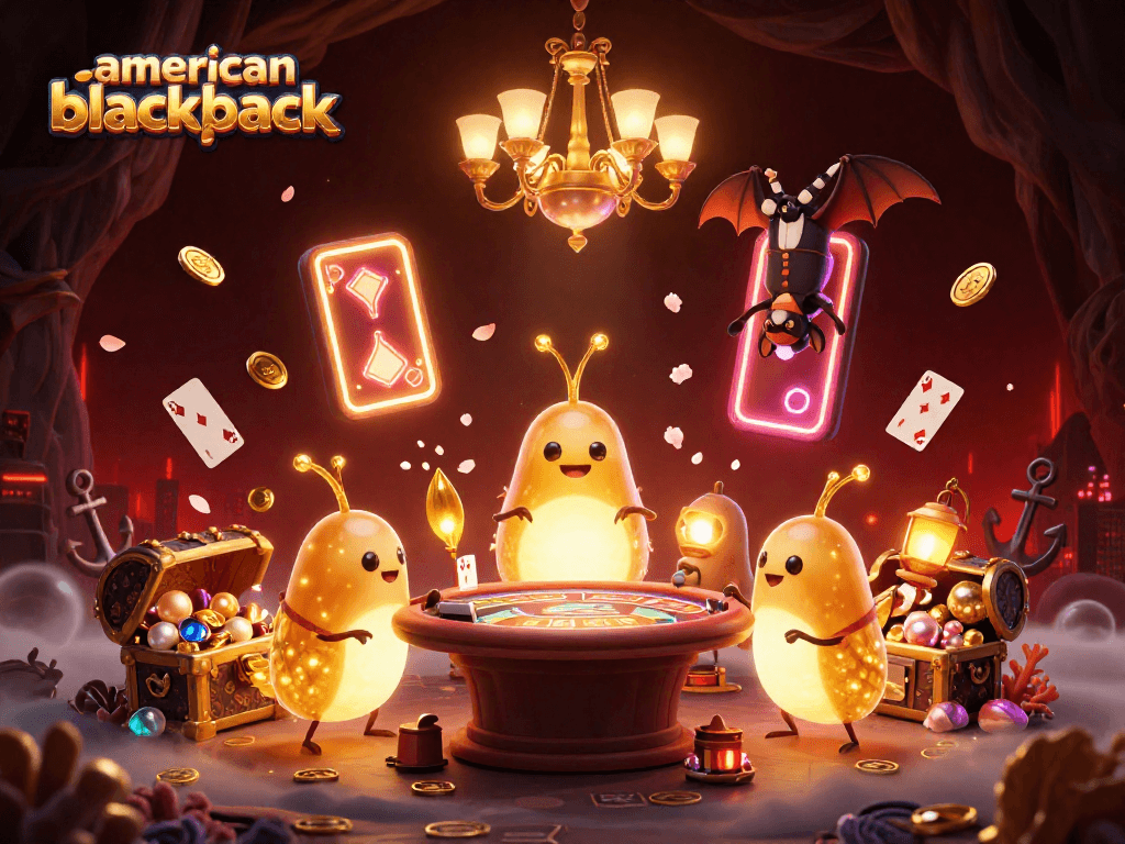 Experience american-blackjack in a vibrant cave casino with glowworms and a bat dealer in this colorful illustration.