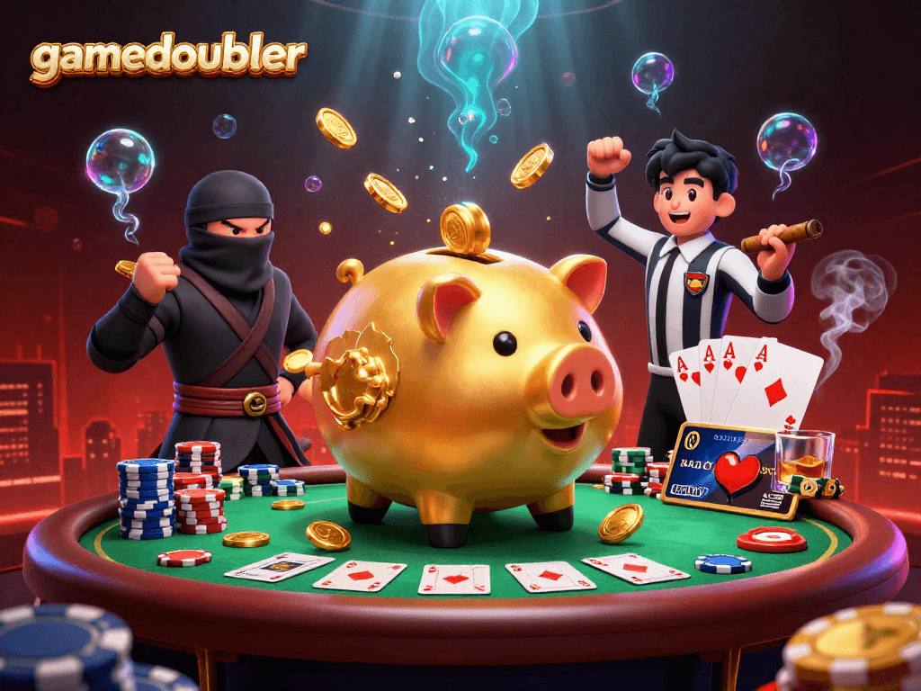 Experience gamedoubler's entertaining showdown between characters in a vibrant casino scene.