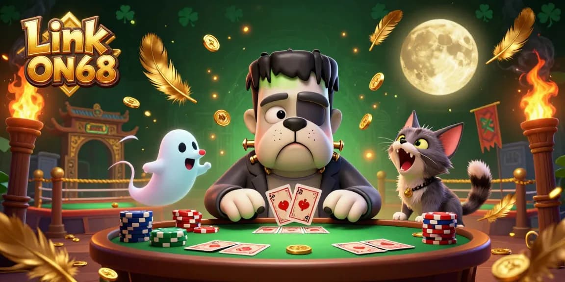 Experience winning hands with Link ON68 at a spooky casino featuring 3D cartoon characters.