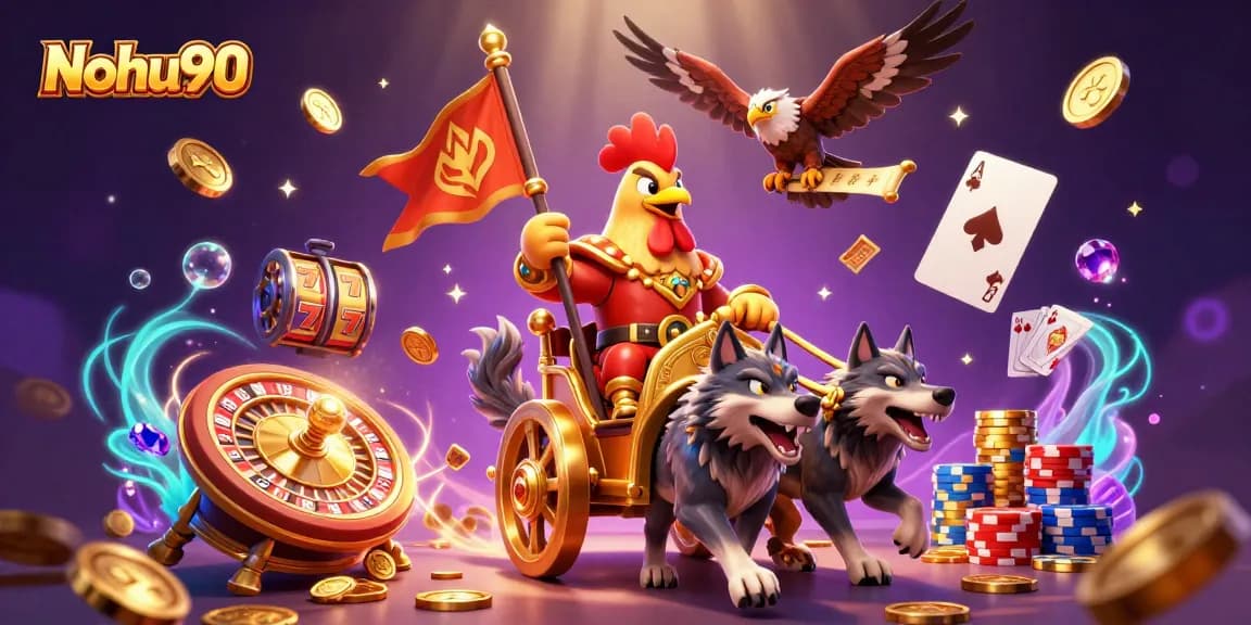Nohu90 gameplay featuring vibrant slot reels, golden coins, and dynamic casino elements.
