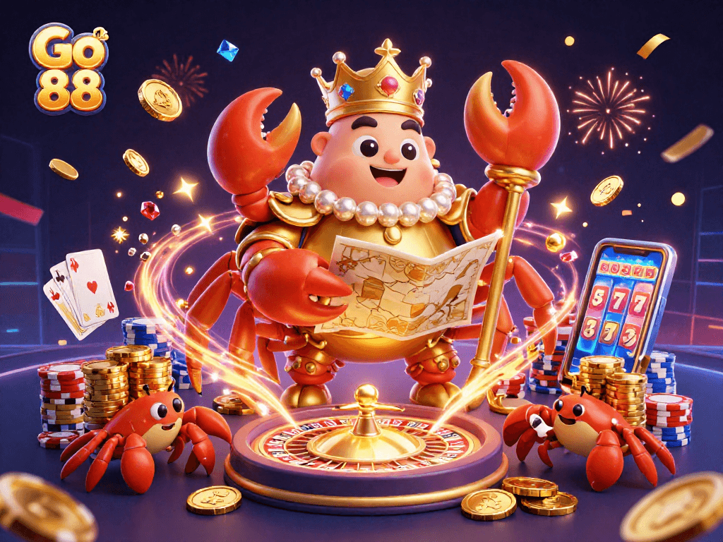 Win big at Go 88 with vibrant casino-themed visuals featuring a golden crab emperor.