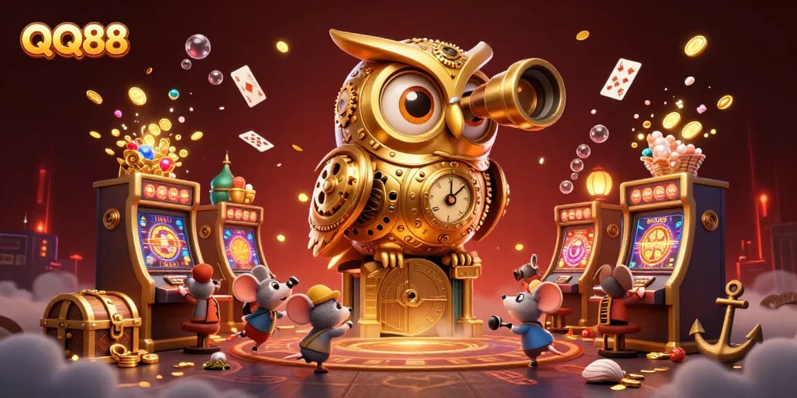 Experience QQ88's dynamic casino atmosphere filled with excitement, gold, and games.
