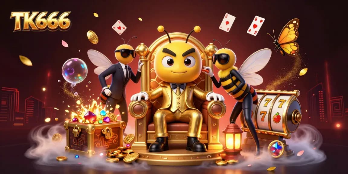 Win big at TK666 with a vibrant 3D casino scene featuring a mob boss, animated treasure, and lively gaming elements.