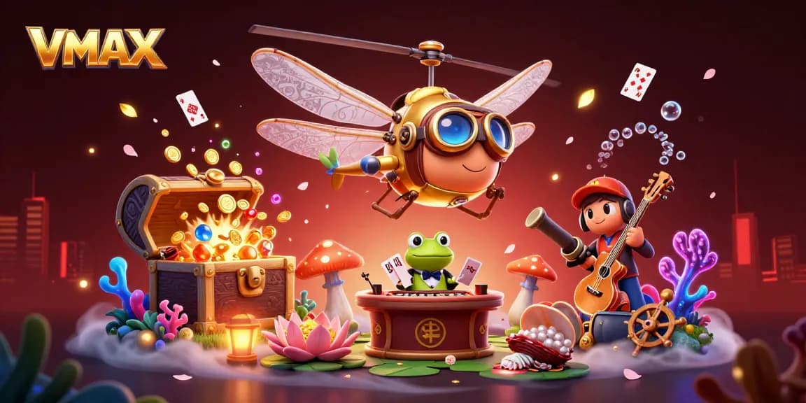 Experience VMAX thrilling moments with a dragonfly pilot, frog dealer, and jazzy cricket band at a vibrant casino.