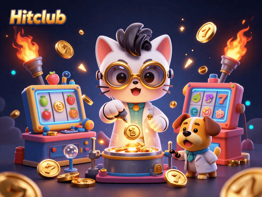 Experience the thrill of Hitclub with a vibrant casino scene featuring a mad scientist cat and loyal dog.
