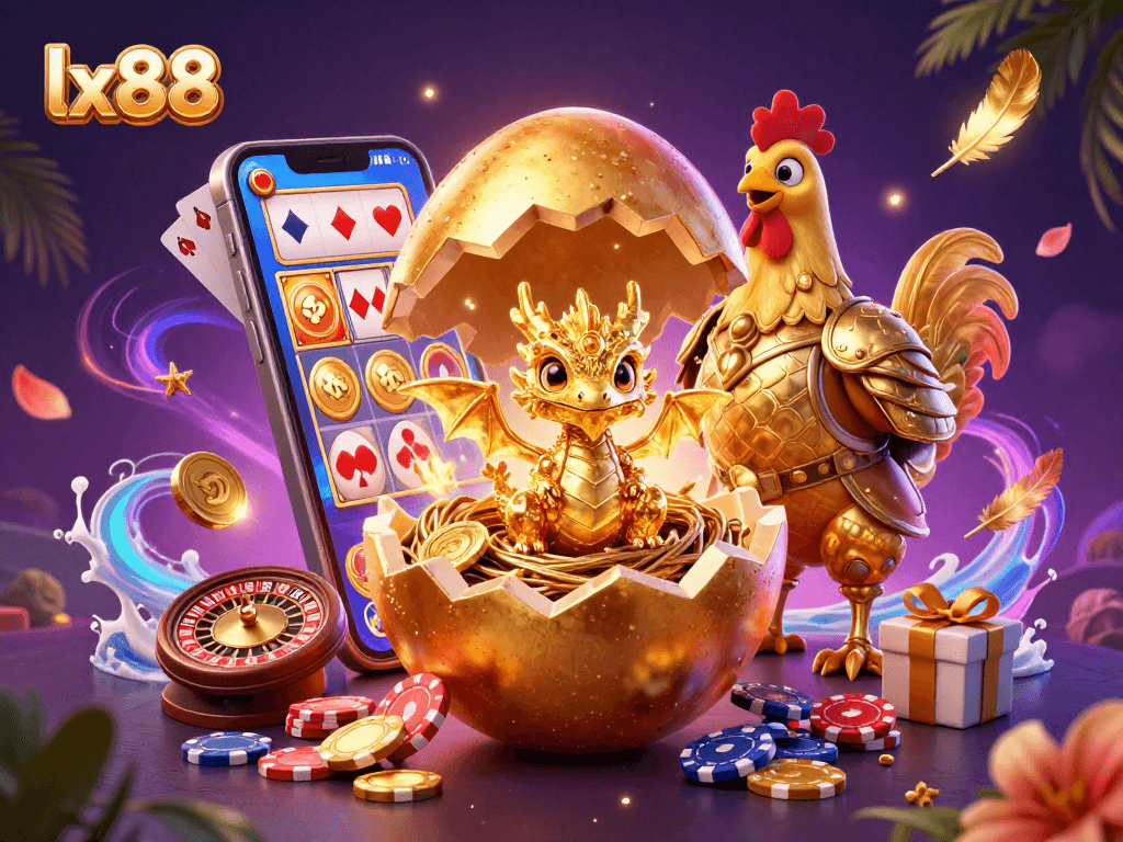 LX88 promotes exciting gambling action showcasing a golden dragon with poker chips, vibrant visuals and festive elements.