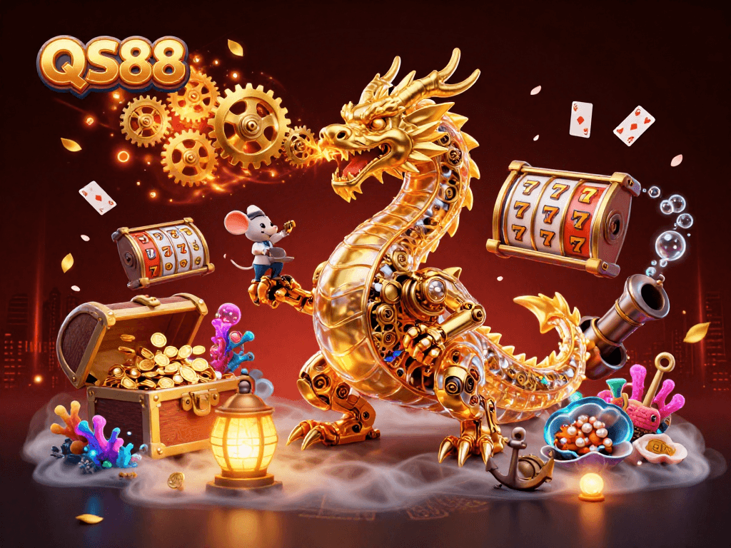 Experience thrilling gameplay at QS88 with a dynamic 3D illustration featuring a golden dragon and slot game elements.