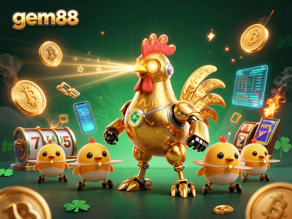 Engage in gem88 casino adventures with a gold-encrusted robot and vibrant crypto elements.