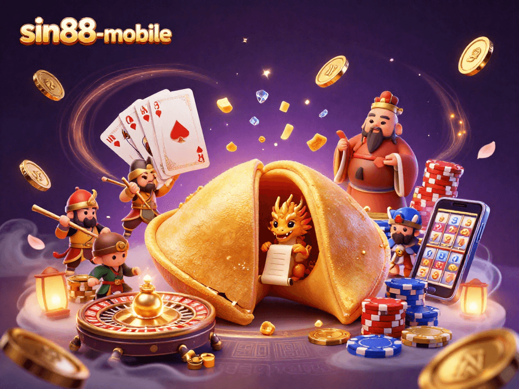 Engage with sin88-mobile's dynamic gameplay featuring a golden fortune cookie and casino elements.