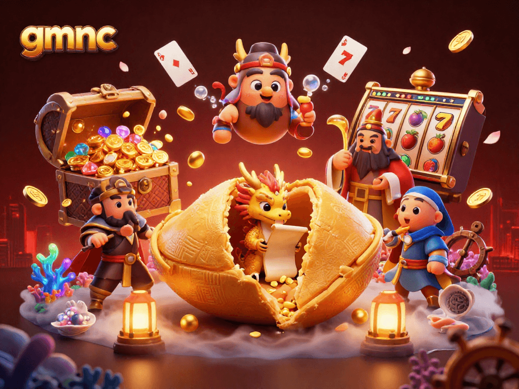 gmnc slot-themed 3D illustration with fortune cookie, dragon, and dynamic casino elements