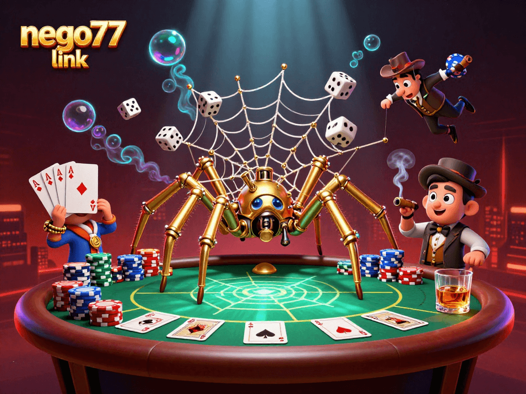 Experience the unique nego77 link with a playful steampunk spider catching dice at a vibrant poker table.