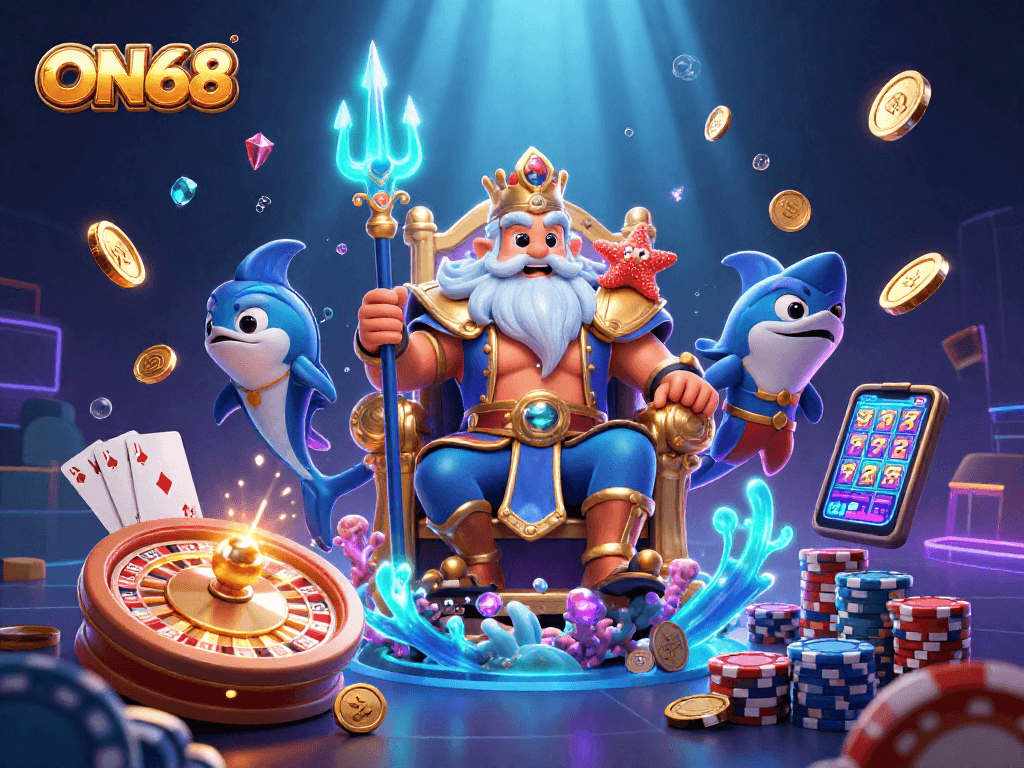 Engage in exciting gameplay at ON68 with Neptune surrounded by treasures, glowing coins, and vibrant casino elements.