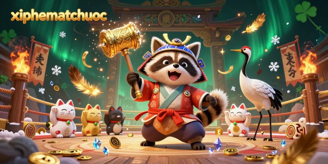 xiphematchuoc challenges players with an intense Mahjong showdown featuring a colorful festival setup and iconic characters.