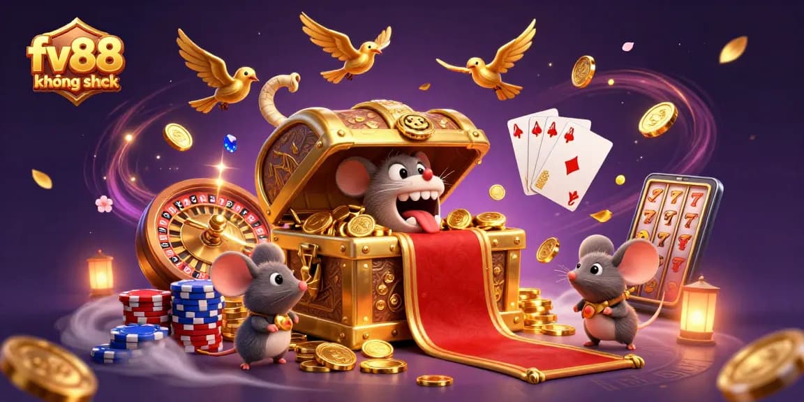 Experience the thrill of fv88 không chặn with this colorful casino adventure scene filled with treasures.