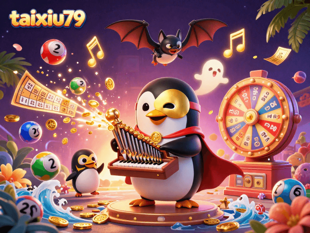 Experience the thrilling action of taixiu79 as the phantom penguin and bat acrobat create a sparkling casino scene.