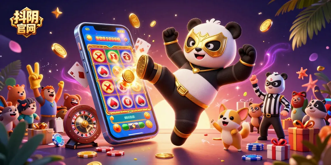 Engage with 抖阴官网, showcasing a dynamic 3D illustration of a panda wrestler in action amidst vibrant casino elements.