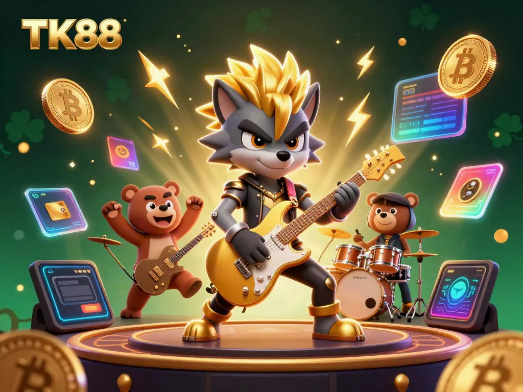 Engage in thrilling gameplay with TK88, a vibrant casino illustration featuring dynamic characters and cryptocurrency elements.