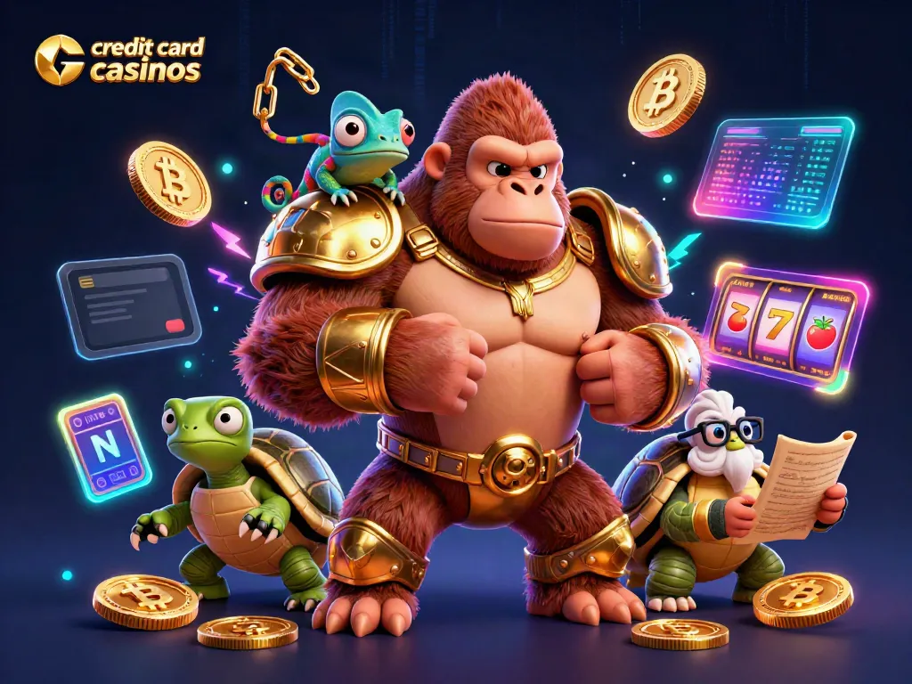 Engage with credit card casinos through vibrant 3D illustration featuring a gorilla king, chameleon, tortoise elder, and dynamic casino elements.