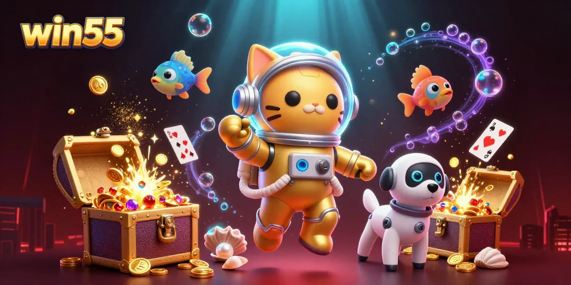 Experience excitement at win55 with a joyful cat in a golden suit, treasure, and gaming elements.