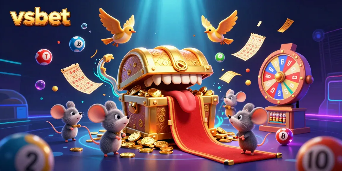 Engage in exciting games at vsbet with a vibrant scene of colorful lottery elements and a treasure chest