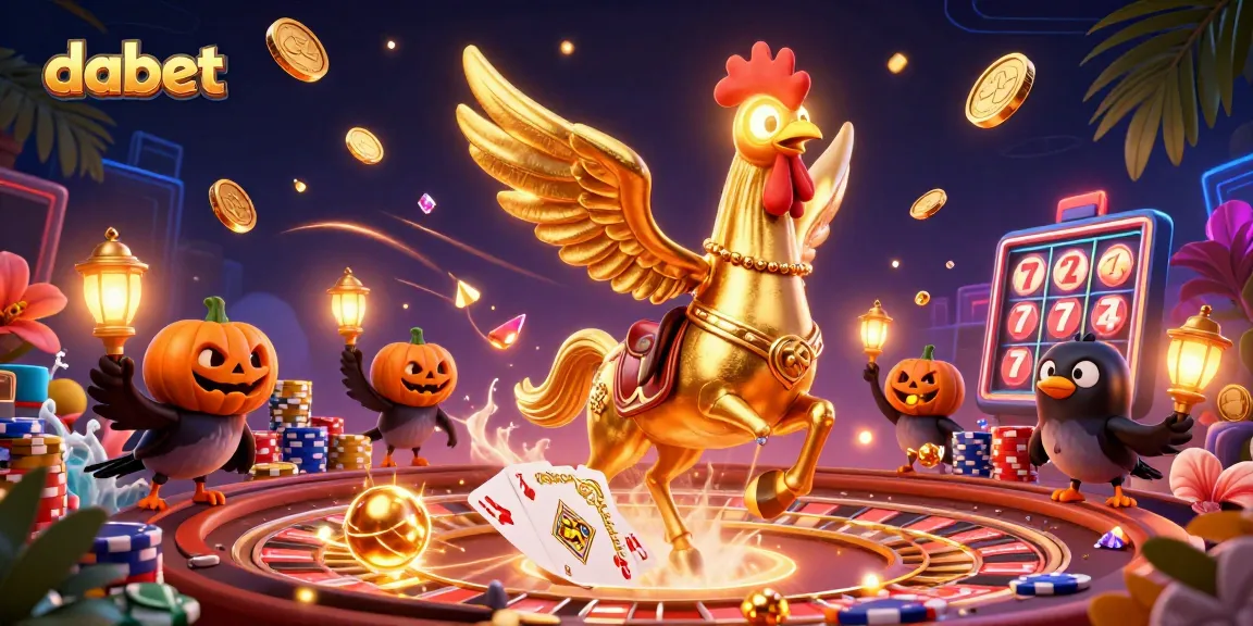 dabet offers vibrant casino action with a golden rooster character amidst spinning roulette and sparkling chips